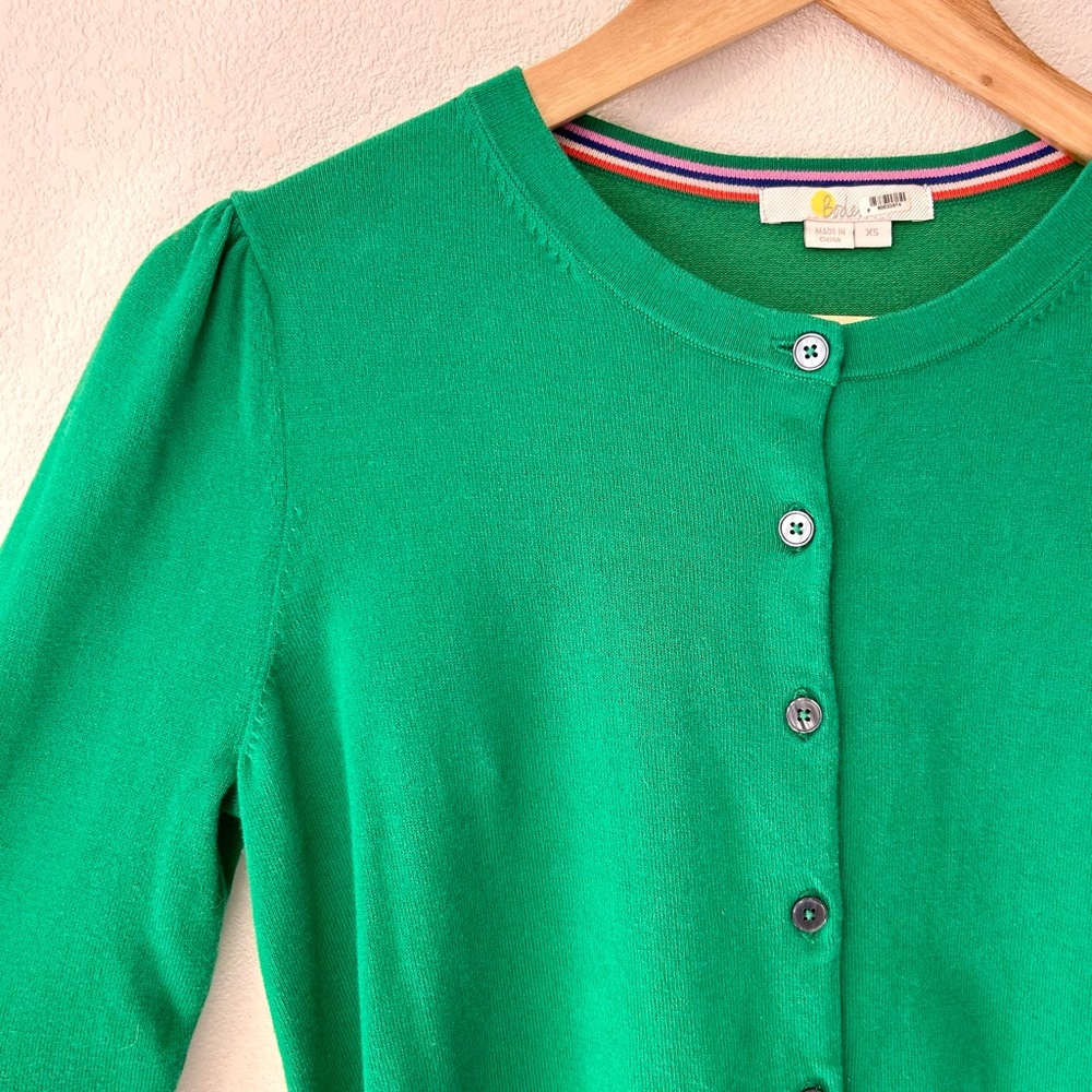 BODEN Kelly Green Puff Sleeve Round Neck Cardigan Sweater Cotton Preppy XS - Picture 3 of 6